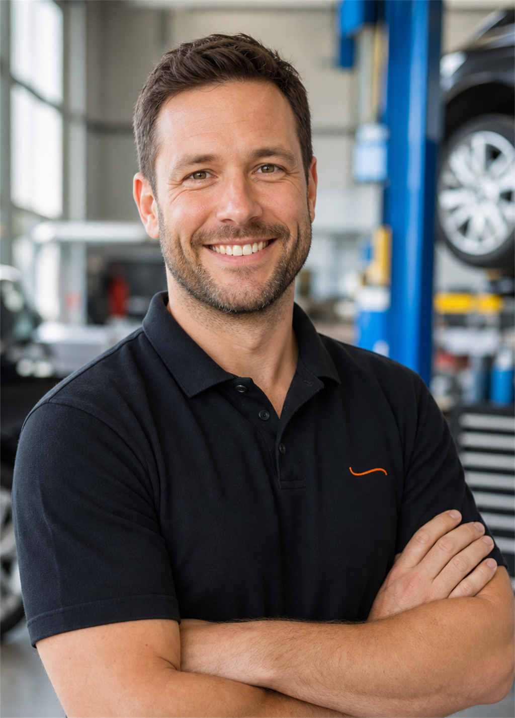 Friendly automotive mechanic in a modern workshop